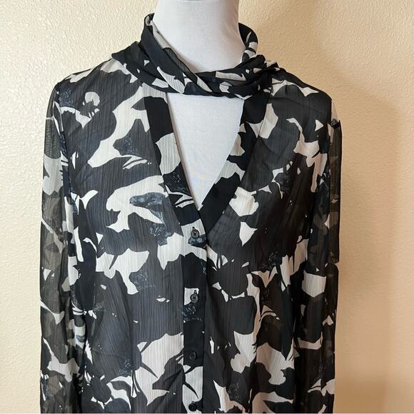 Jason Wu navy blue white floral neck tie sheer flowy button front blouse 14 - Picture 5 of 10